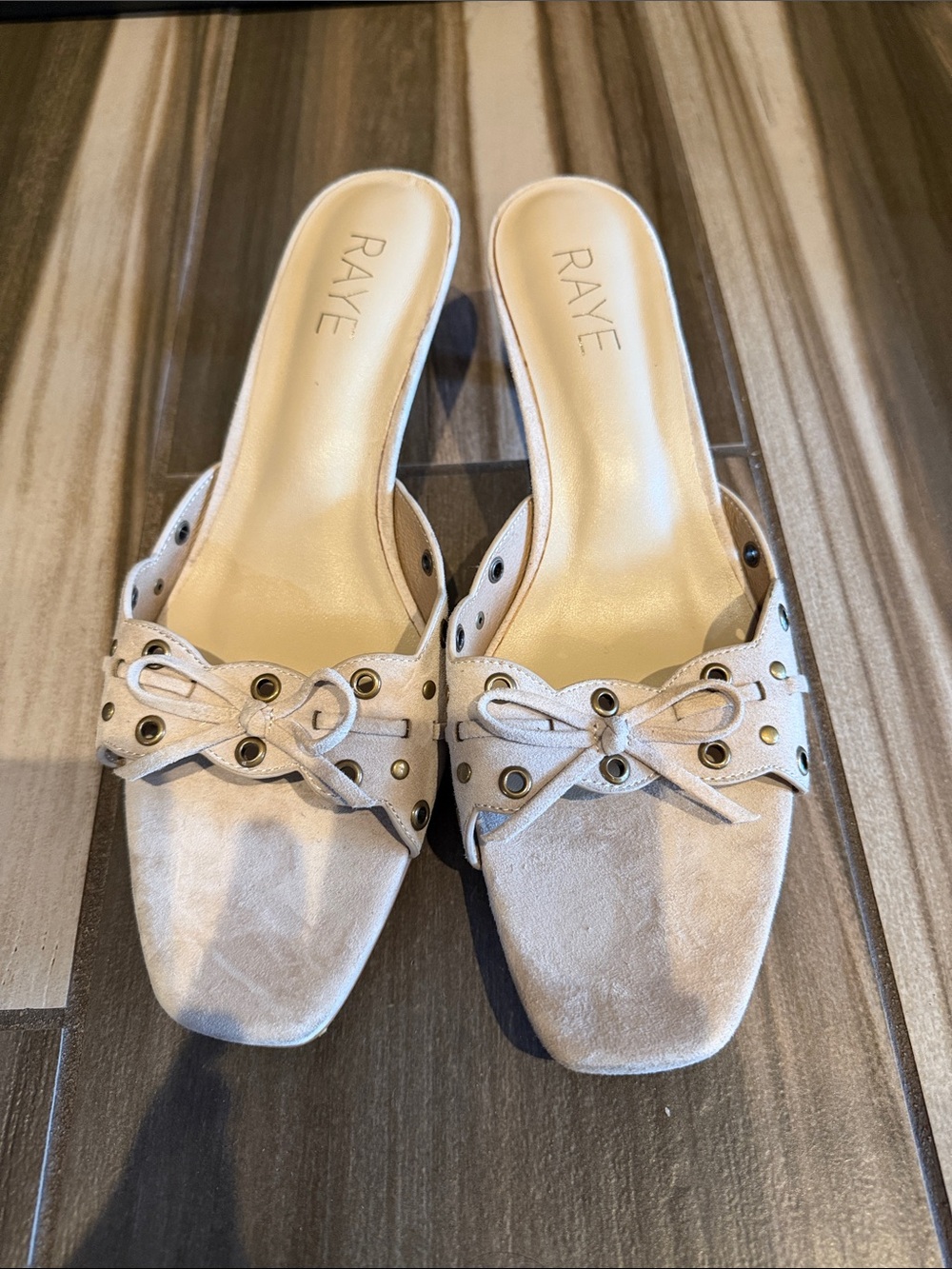 RAYE Neutral Beige Suede Knot Slide Mules with Eyelet Detail